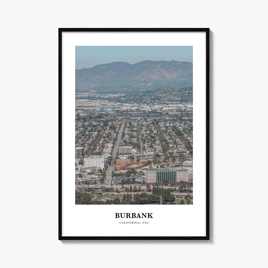 Burbank colorful classic poster of California, USA – vertical wall art, unframed print shown in interior mockup