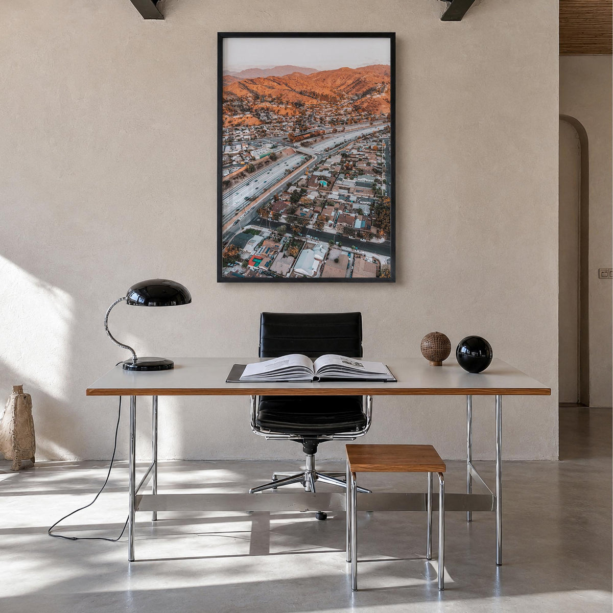 Burbank colorful photo poster of California, USA – vertical wall art in black wood frame, hanging on wall