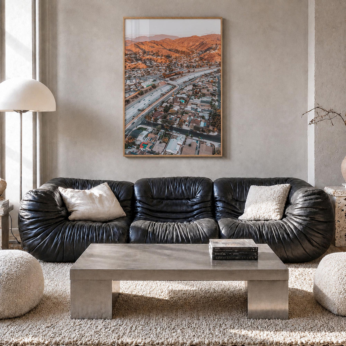 Burbank colorful photo poster of California, USA – vertical wall art in natural wood frame, hanging on wall
