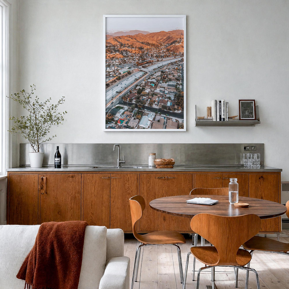 Burbank colorful photo poster of California, USA – vertical wall art in white wood frame, hanging on wall