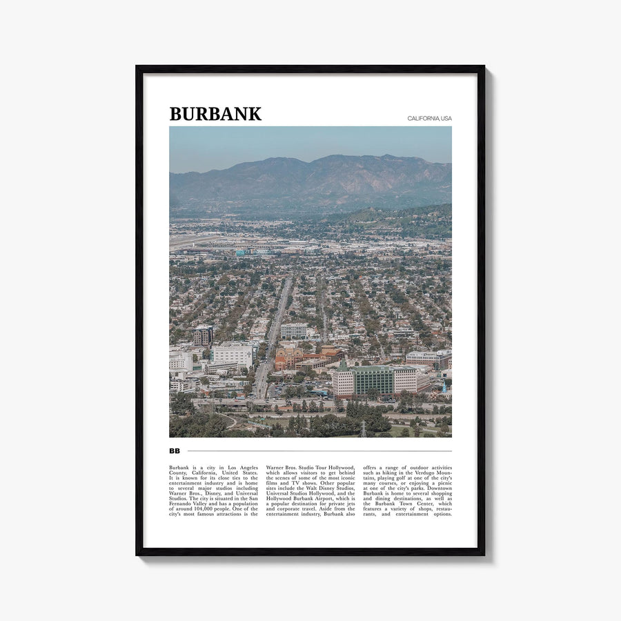 Burbank colorful travel poster of California, USA – vertical wall art, unframed print shown in interior mockup