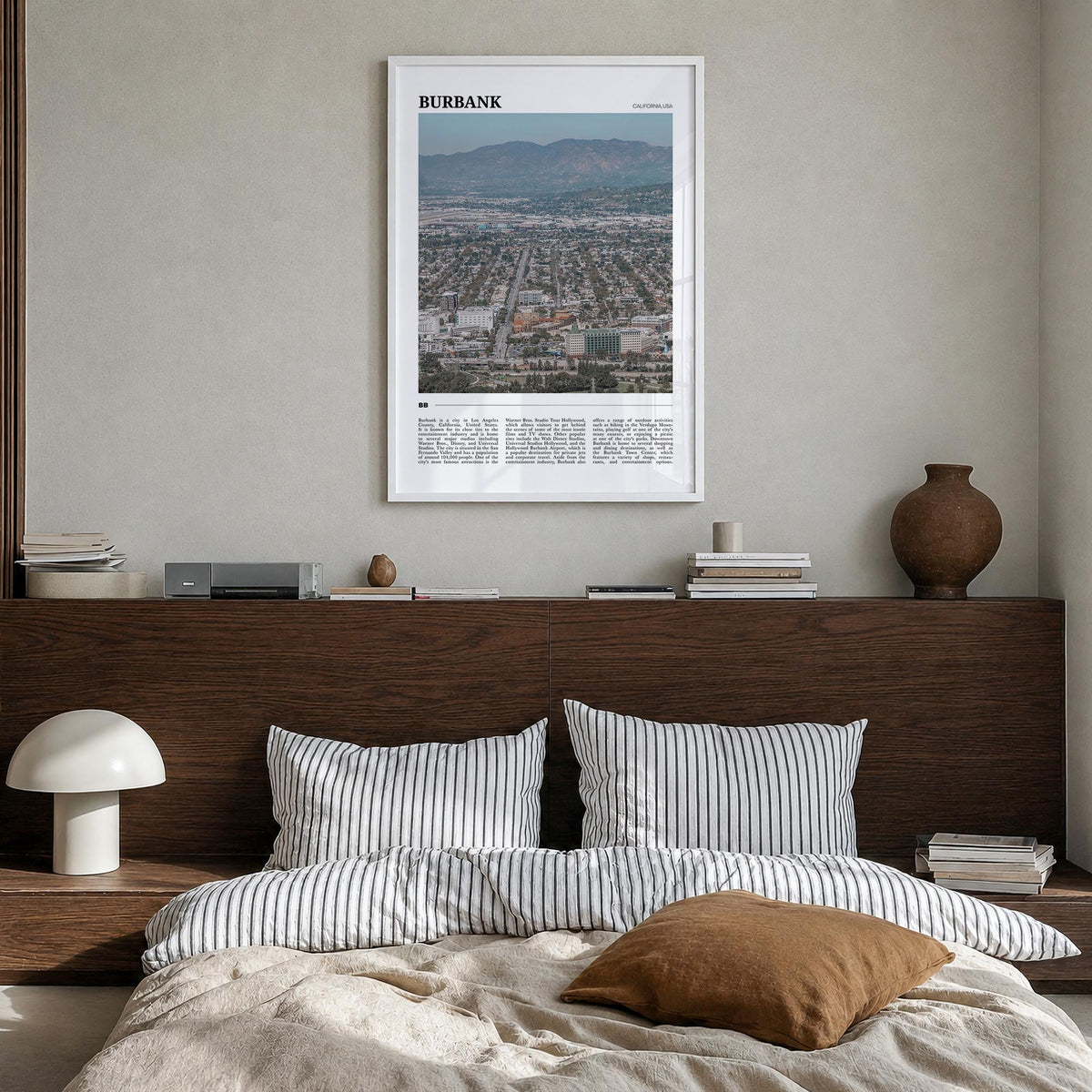 Burbank colorful travel poster of California, USA – vertical wall art in white wood frame, hanging on wall