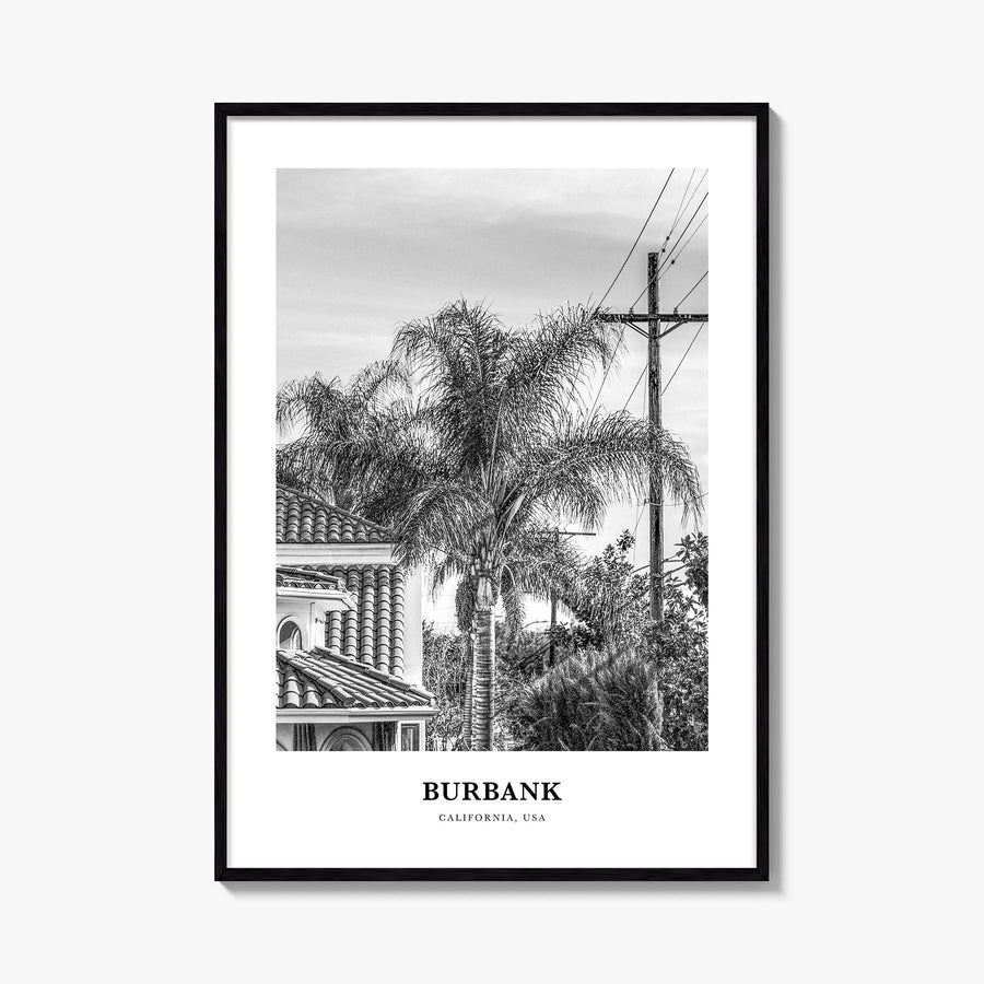Burbank no. 1 black & white classic poster of California, USA – vertical wall art, unframed print shown in interior mockup