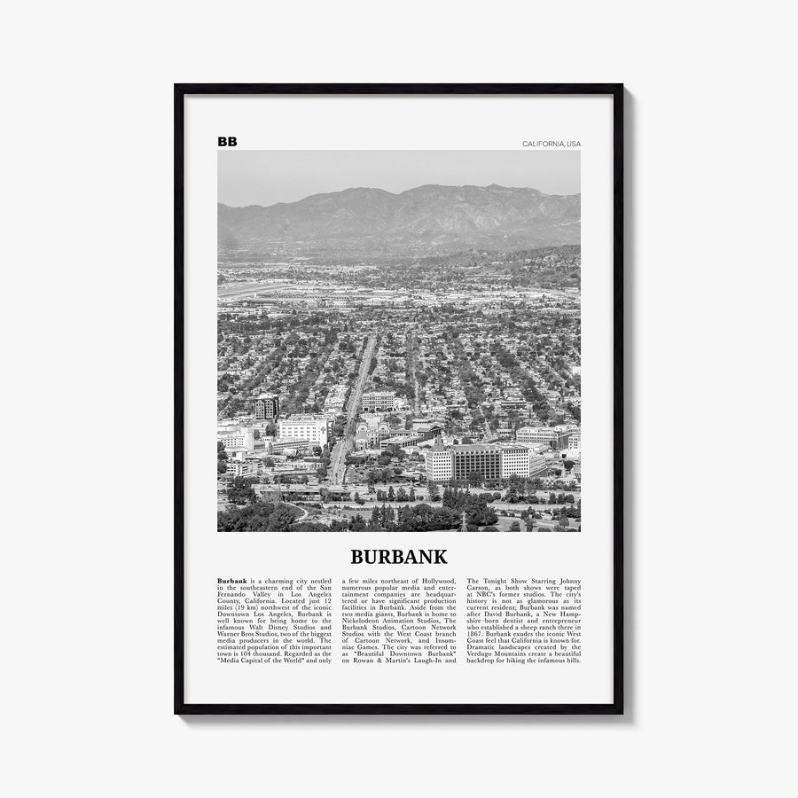 Burbank no. 1 black & white newspaper poster of California, USA – vertical wall art, unframed print shown in interior mockup