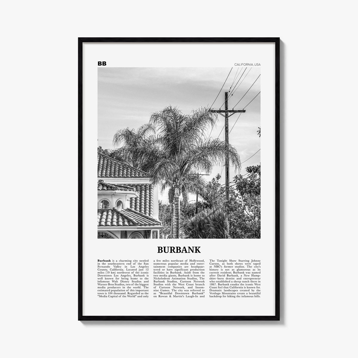 Burbank no. 2 black & white newspaper poster of California, USA – vertical wall art, unframed print shown in interior mockup