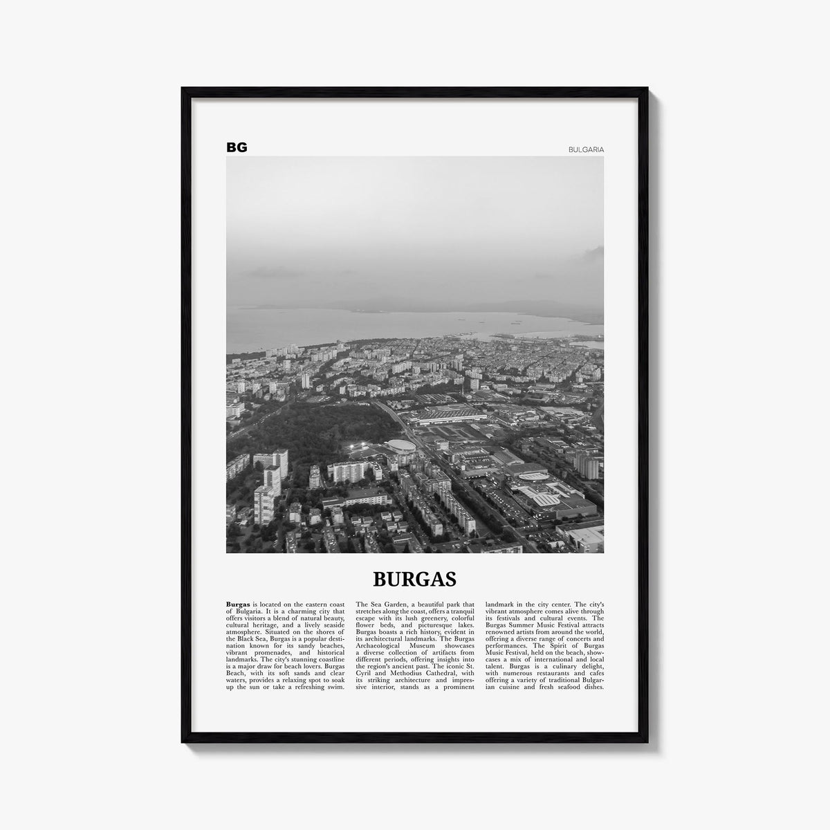 Burgas black & white newspaper poster of Bulgaria – vertical wall art, unframed print shown in interior mockup