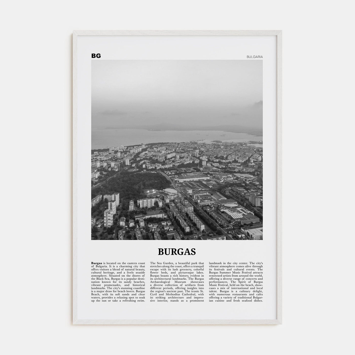 Burgas Poster White Wood / 8x12 in Nbourhood Travel B&W Poster