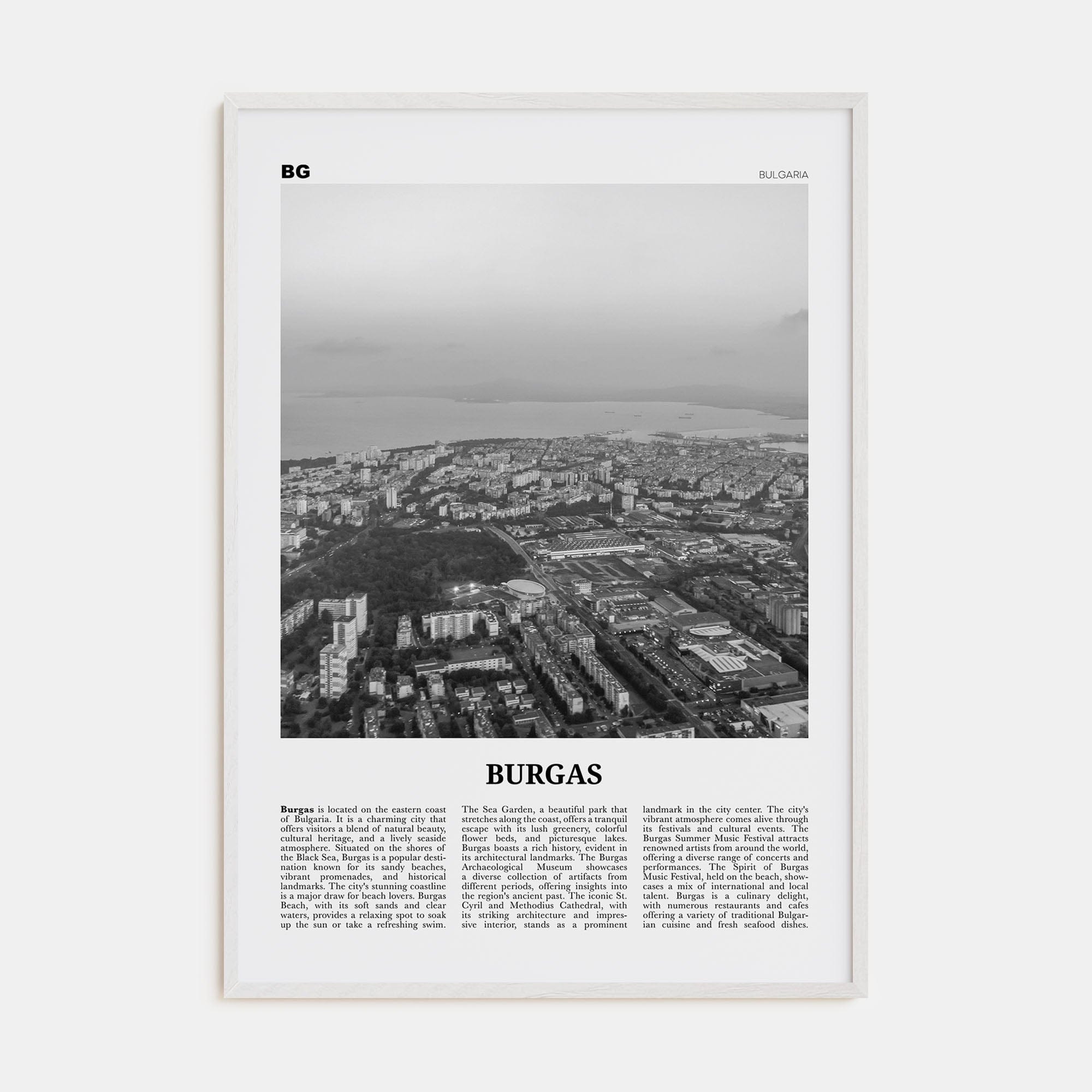 Burgas Poster White Wood / 8x12 in Nbourhood Travel B&W Poster