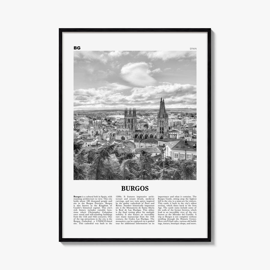 Burgos black & white newspaper poster of Spain – vertical wall art, unframed print shown in interior mockup