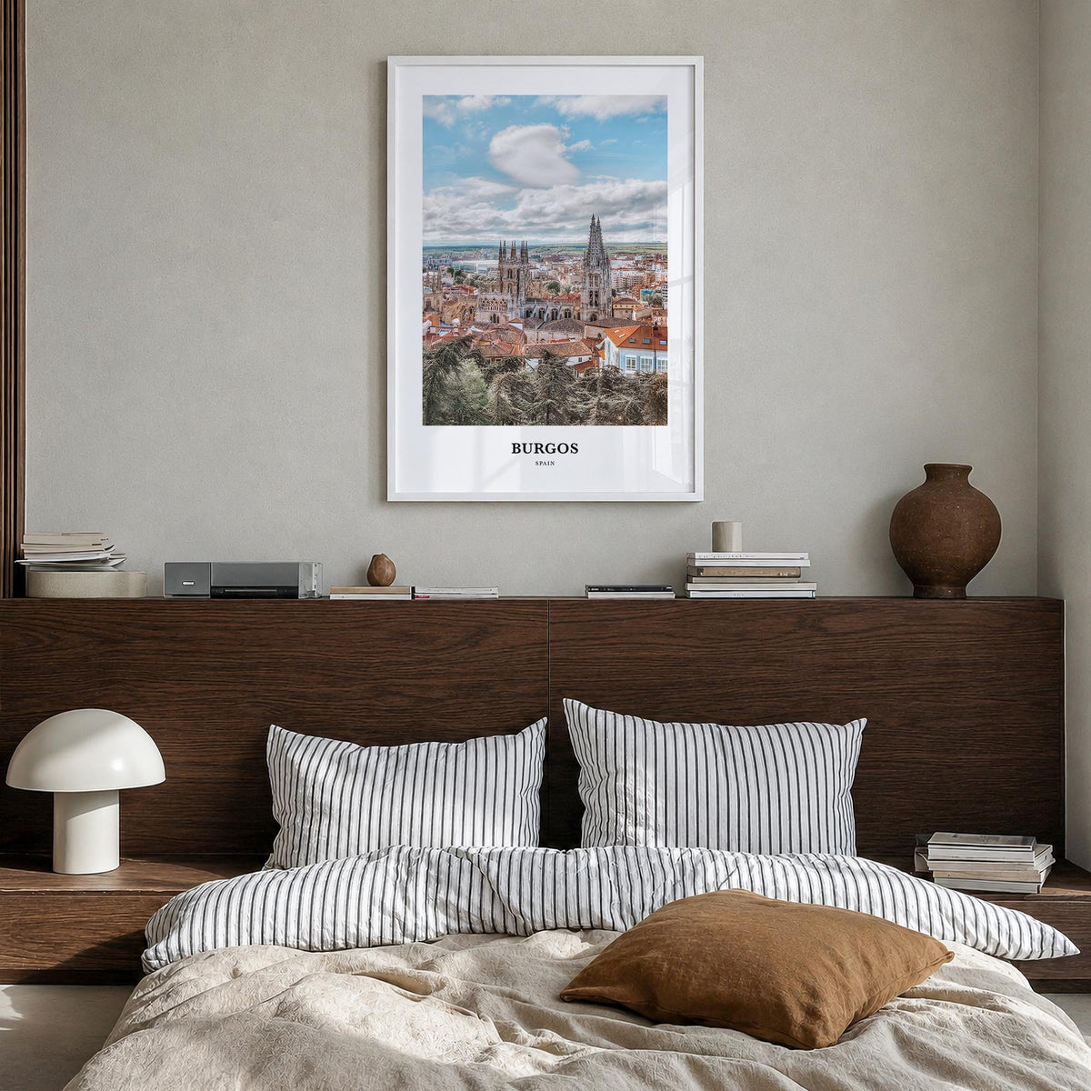 Burgos colorful classic poster of Spain – vertical wall art in white wood frame, hanging on wall