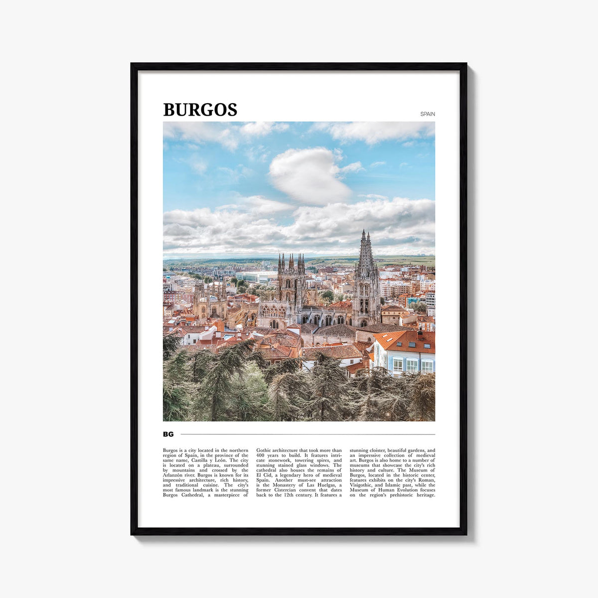 Burgos colorful travel poster of Spain – vertical wall art, unframed print shown in interior mockup