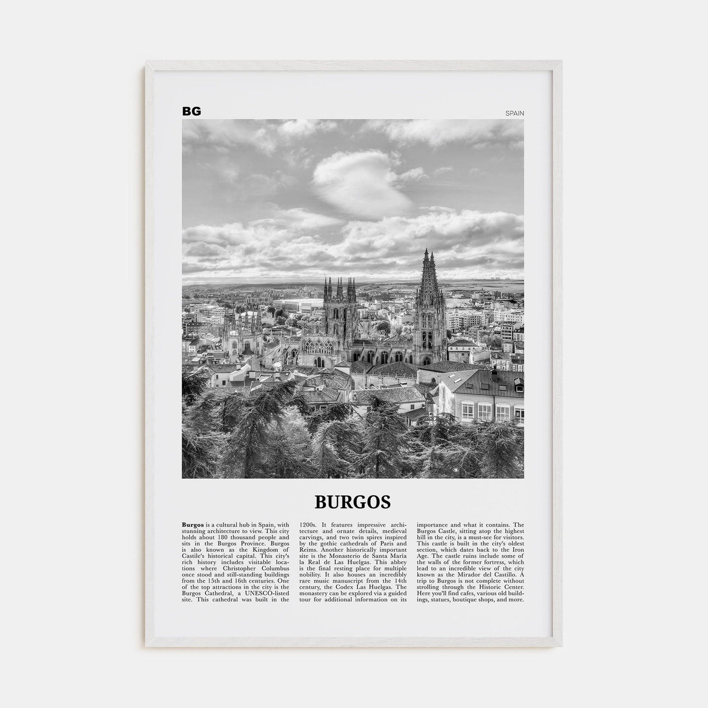 Burgos Poster White Wood / 8x12 in Nbourhood Travel B&W Poster