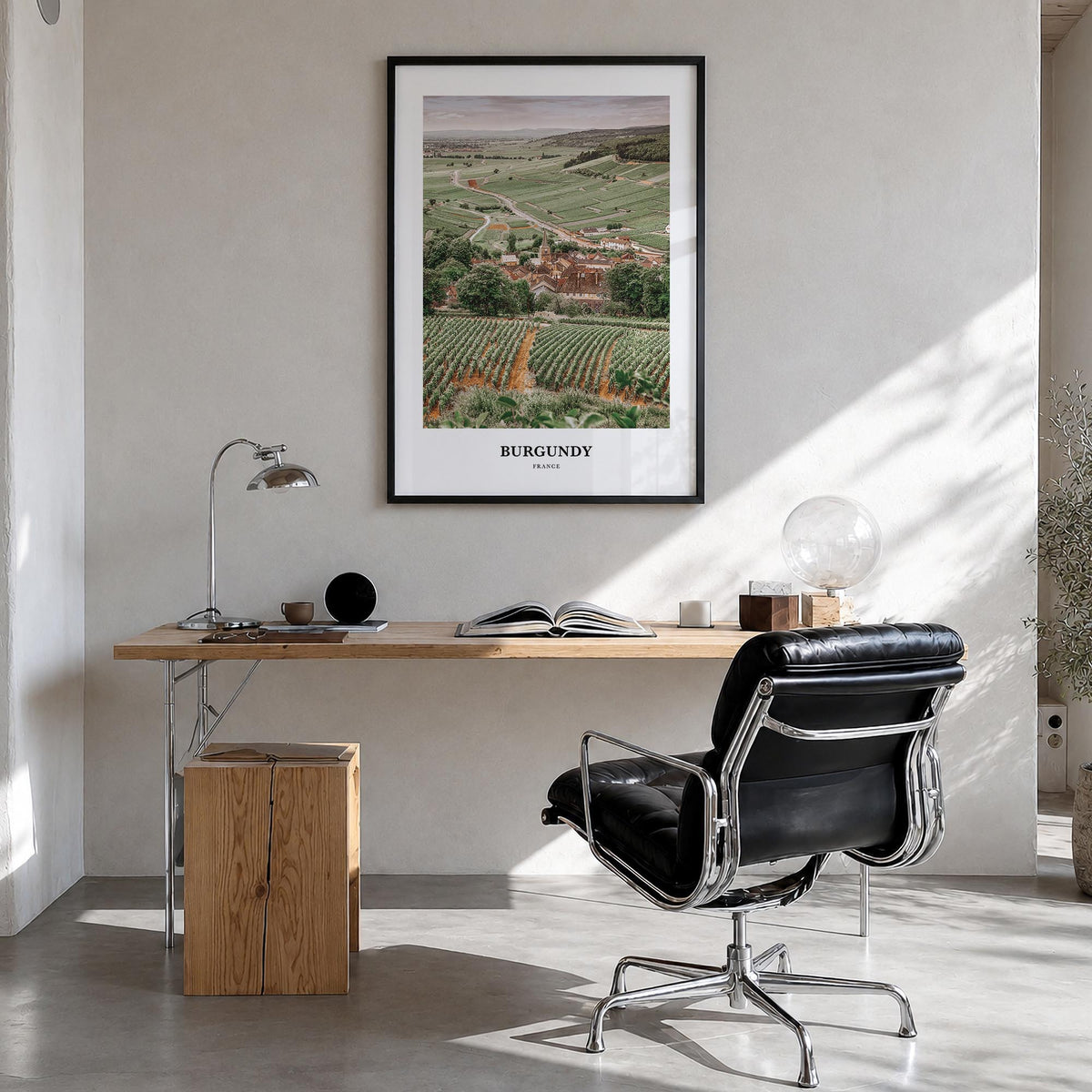 Burgundy colorful classic poster of France – vertical wall art in black wood frame, hanging on wall