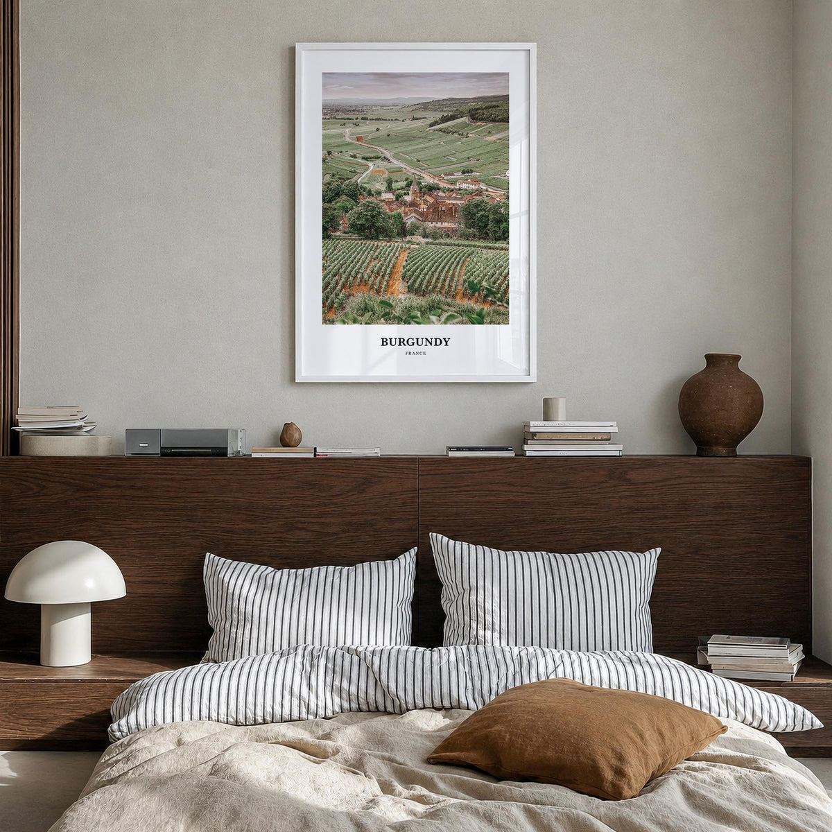 Burgundy colorful classic poster of France – vertical wall art in white wood frame, hanging on wall