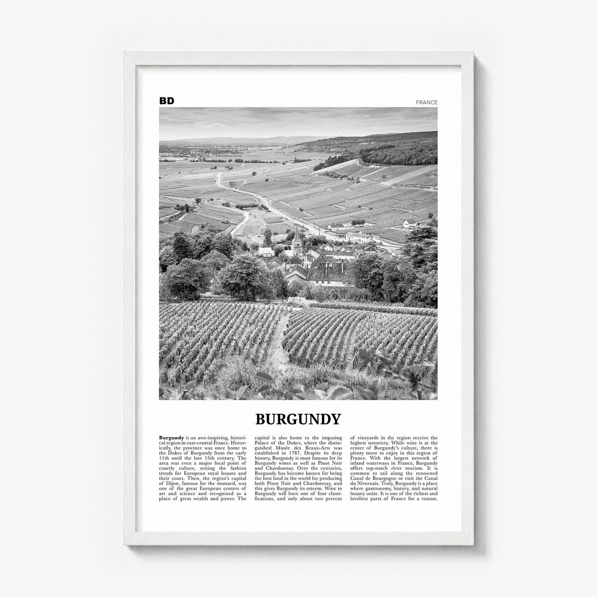 Burgundy Newspaper Poster in a white wood frame
