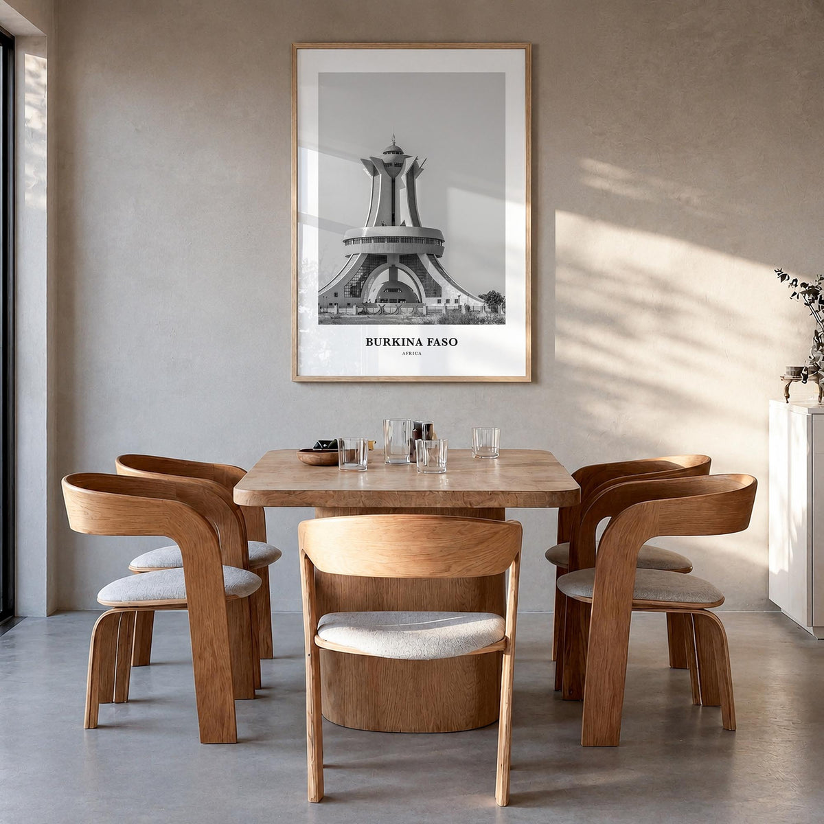 Burkina Faso black & white classic poster of Africa – vertical wall art in natural wood frame, hanging on wall
