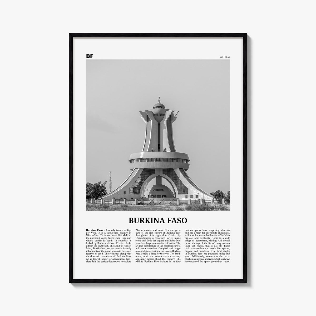 Burkina Faso black & white newspaper poster of Africa – vertical wall art, unframed print shown in interior mockup