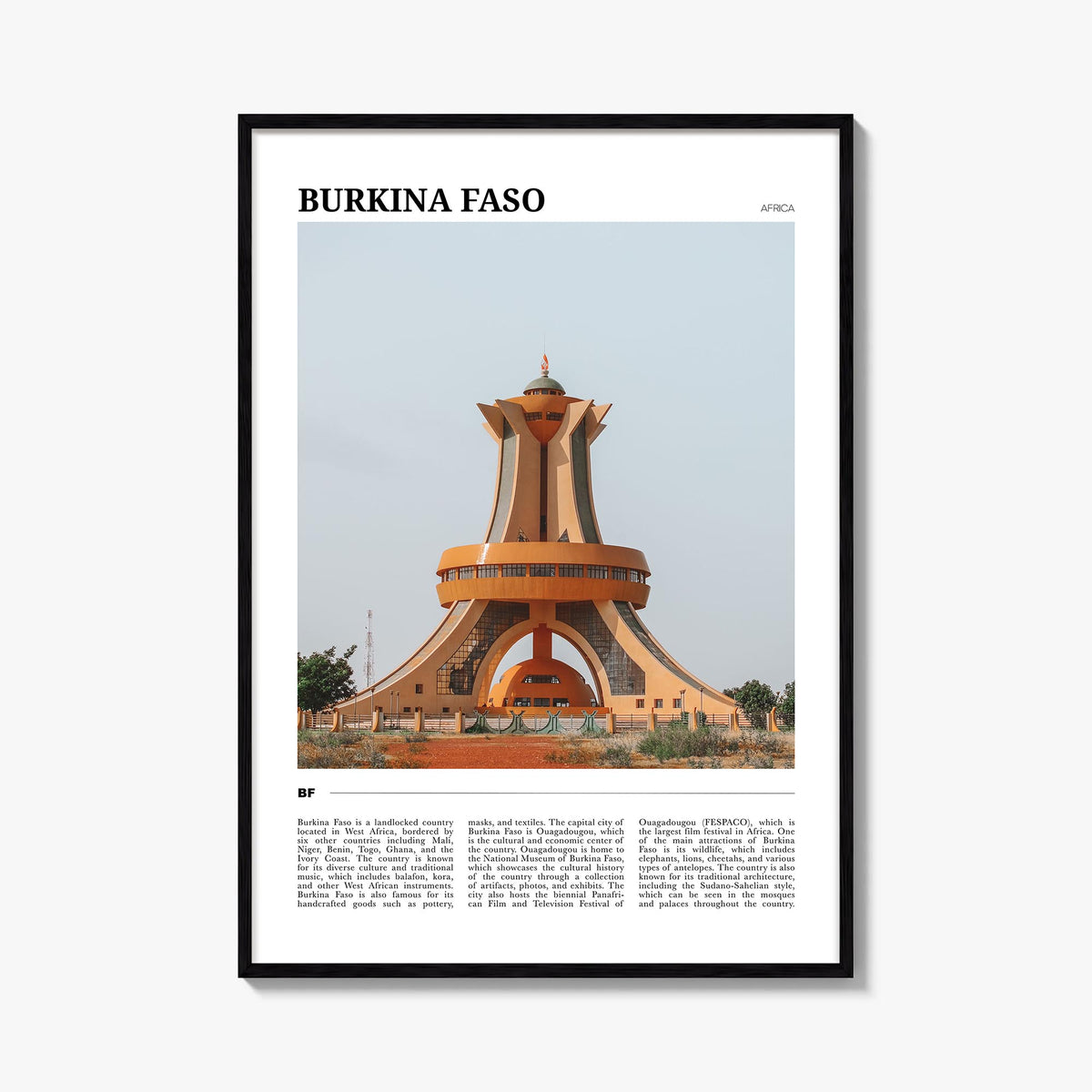Burkina Faso colorful travel poster of Africa – vertical wall art, unframed print shown in interior mockup