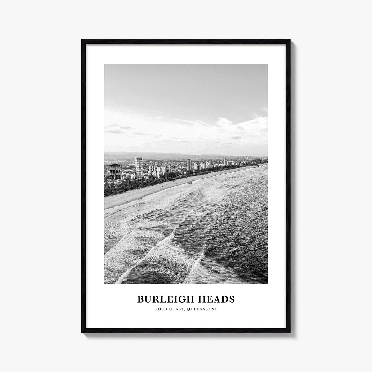 Burleigh Heads black & white classic poster of Gold Coast, Queensland – vertical wall art, unframed print shown in interior m