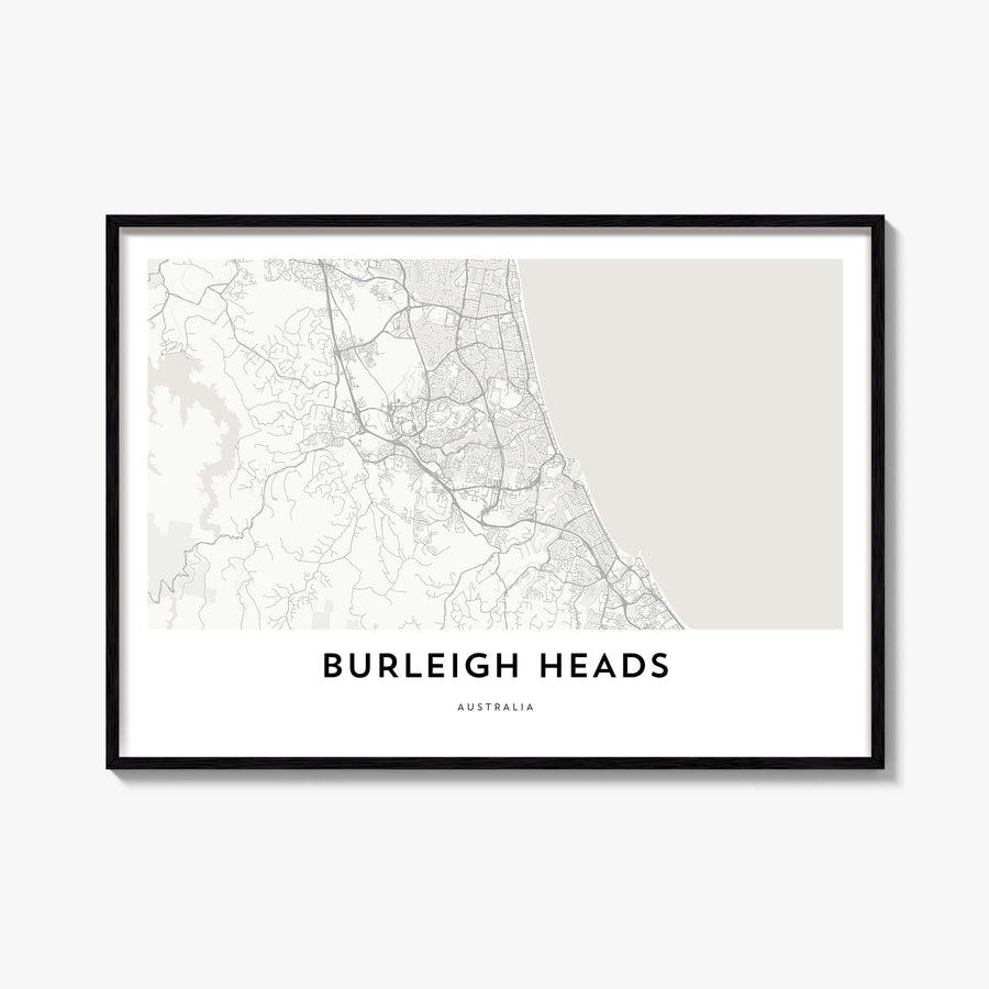 Burleigh Heads black & white map poster of Gold Coast, Queensland – horizontal wall art, unframed print shown in interior moc