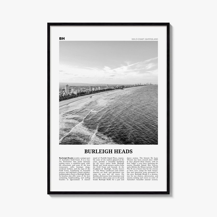 Burleigh Heads black & white newspaper poster of Gold Coast, Queensland – vertical wall art, unframed print shown in interior