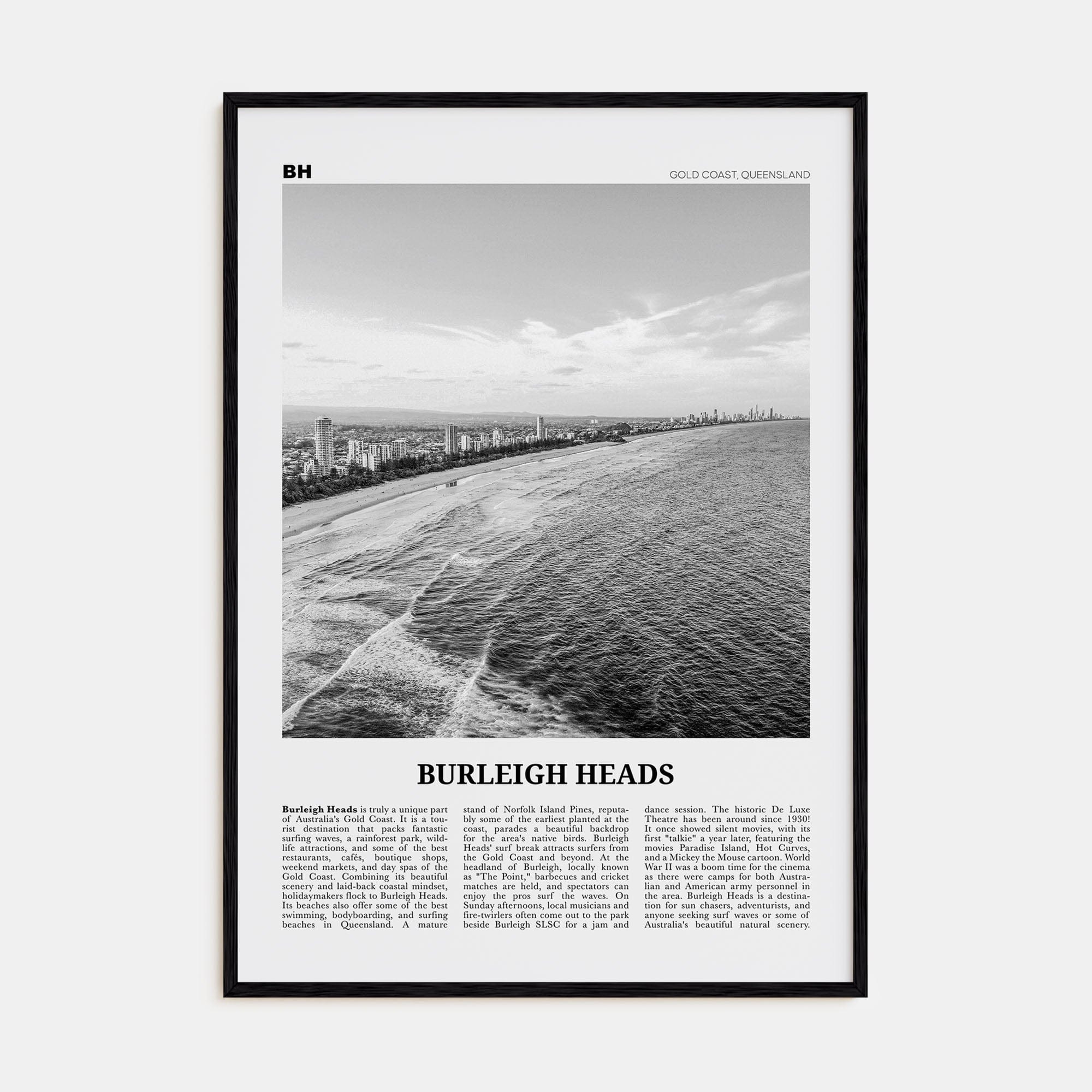 Burleigh Heads Poster Black Wood / 8x12 in Nbourhood Travel B&W Poster