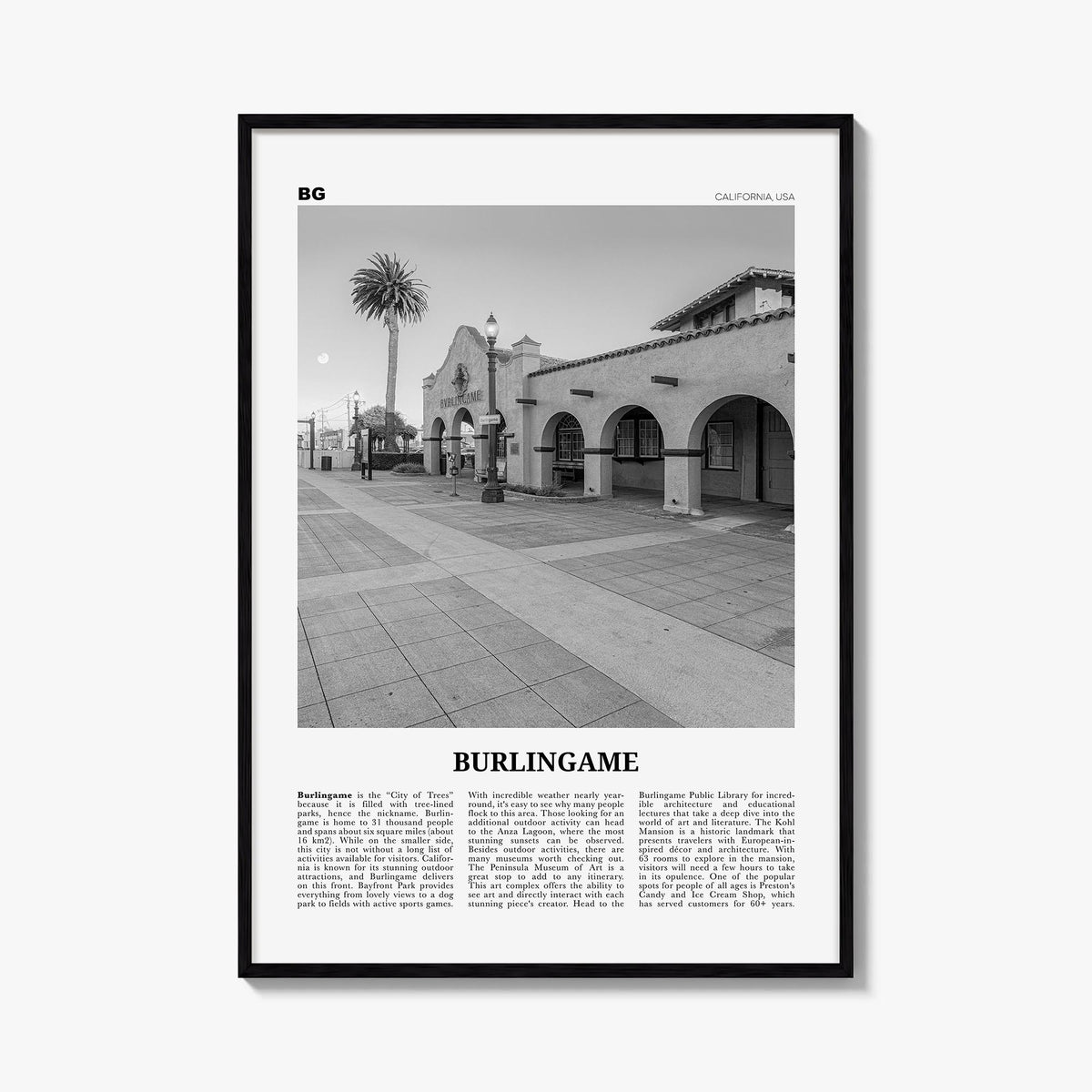 Burlingame black & white newspaper poster of California, USA – vertical wall art, unframed print shown in interior mockup