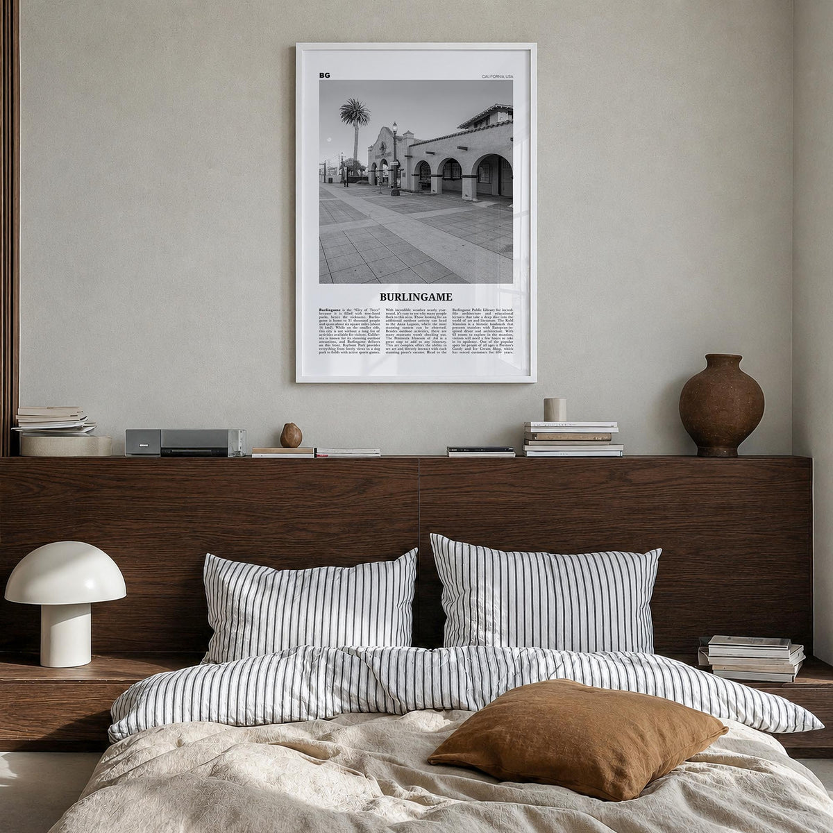 Burlingame black & white newspaper poster of California, USA – vertical wall art in white wood frame, hanging on wall