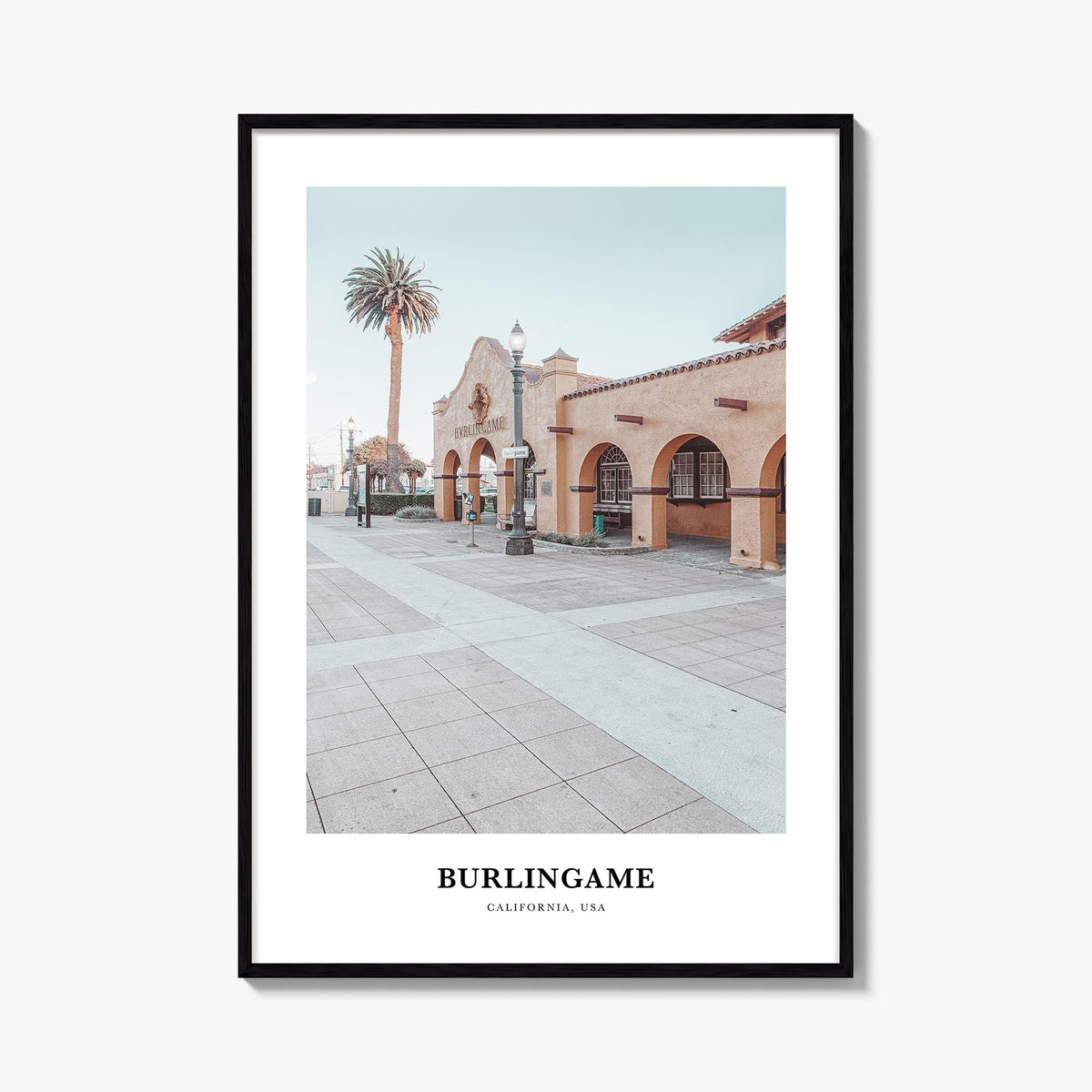 Burlingame colorful classic poster of California, USA – vertical wall art, unframed print shown in interior mockup
