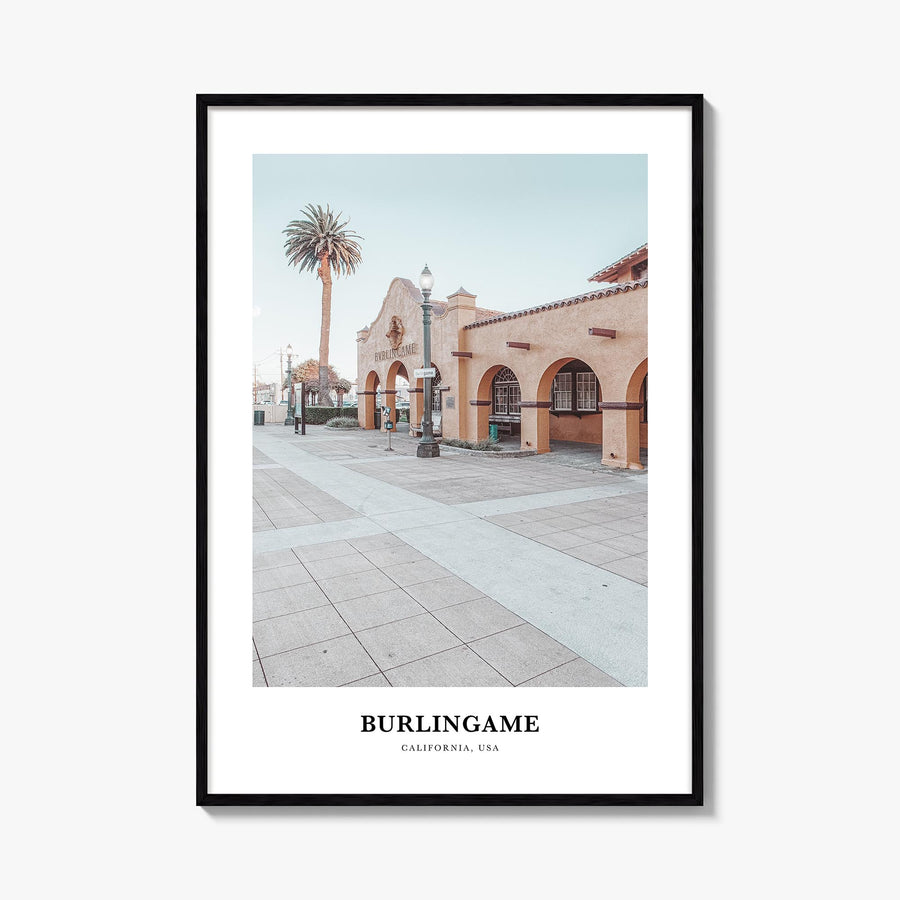 Burlingame colorful classic poster of California, USA – vertical wall art, unframed print shown in interior mockup