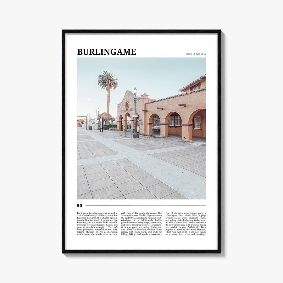 Burlingame colorful travel poster of California, USA – vertical wall art, unframed print shown in interior mockup