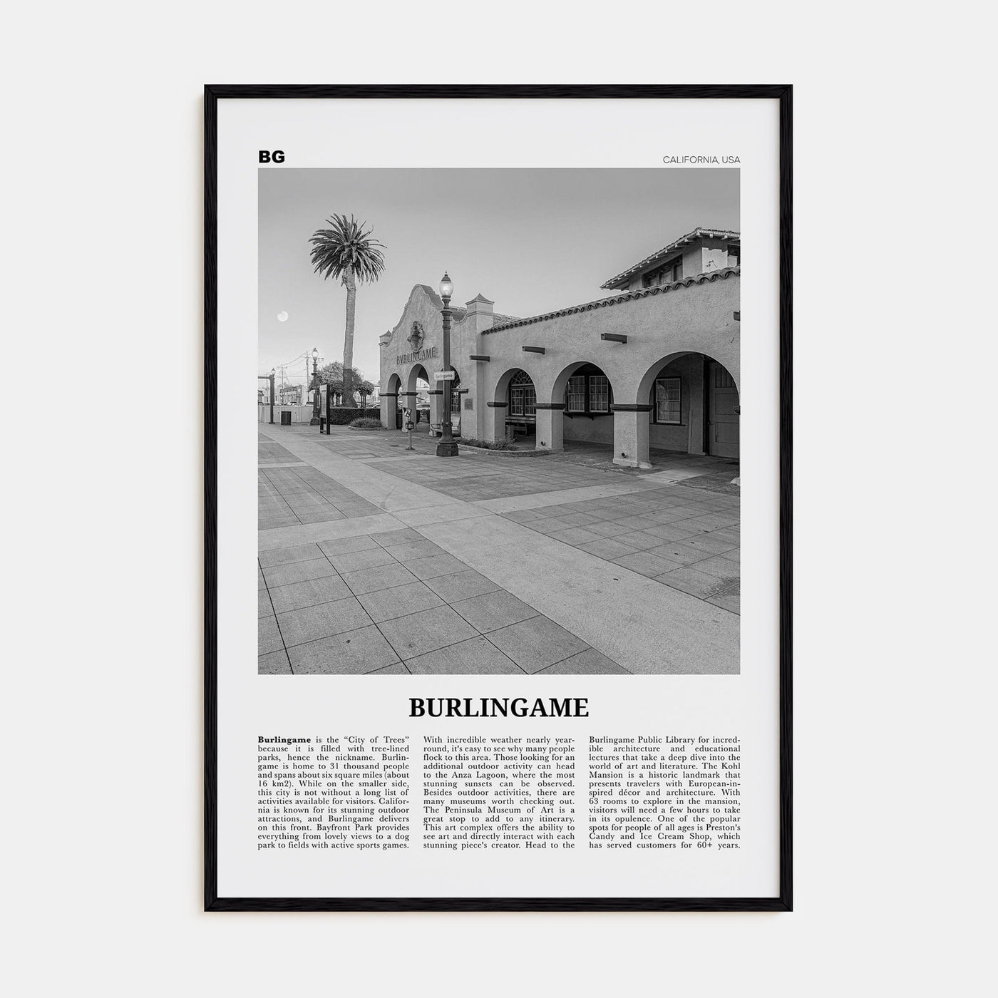 Burlingame Poster Black Wood / 8x12 in Nbourhood Travel B&W Poster