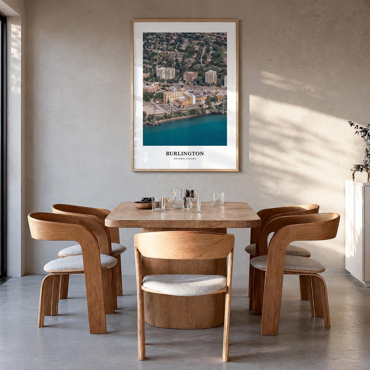 Burlington, Canada colorful classic poster of Canada – vertical wall art in natural wood frame, hanging on wall
