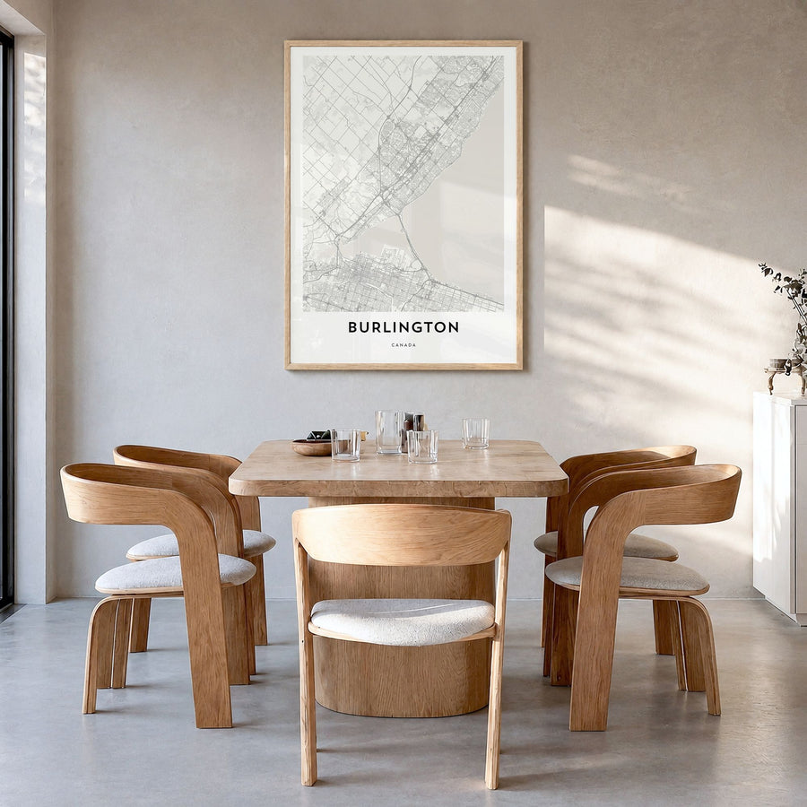 Burlington, Canada Map Poster in a natural wood frame, hanging in a dining room