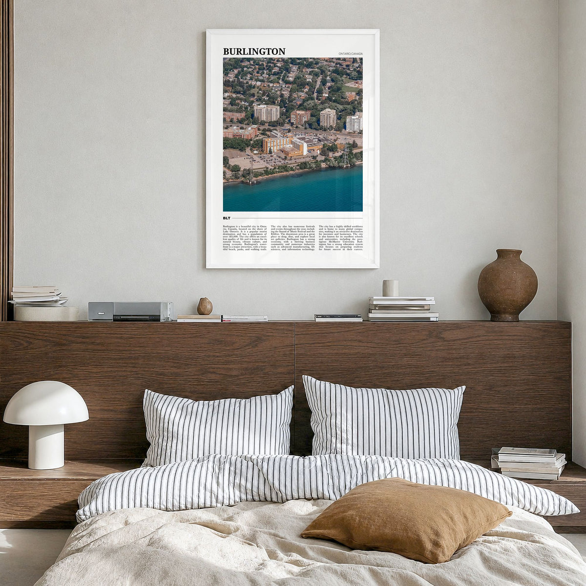 Burlington, Canada Travel Poster in a white wood frame, hanging in a bedroom