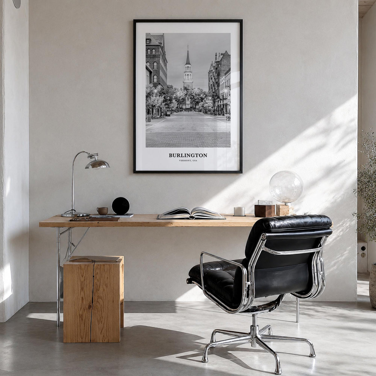 Burlington, Vermont black & white classic poster of Vermont, USA – vertical wall art in black wood frame, hanging on wall