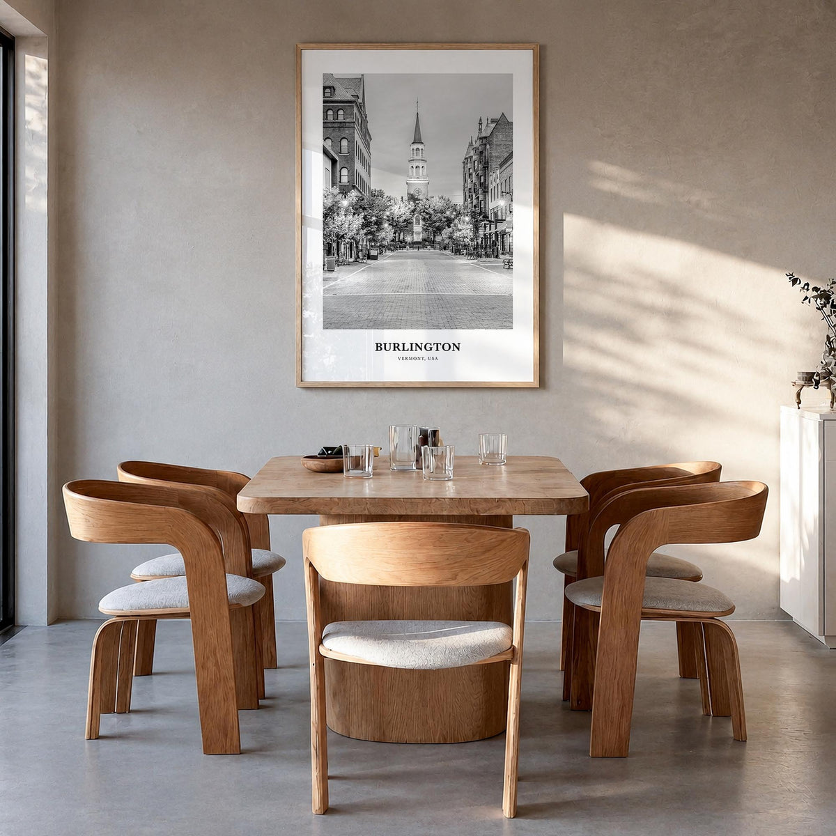 Burlington, Vermont black & white classic poster of Vermont, USA – vertical wall art in natural wood frame, hanging on wall