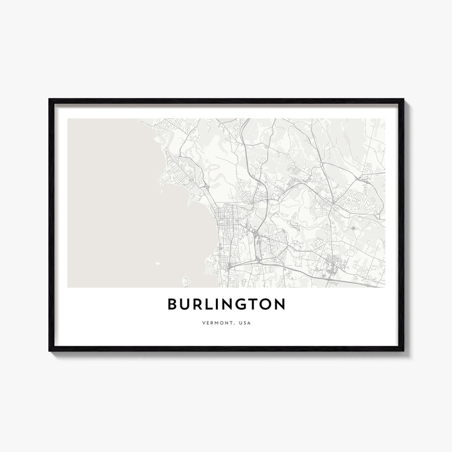 Burlington, Vermont black & white map poster of Vermont, USA – horizontal wall art, unframed print shown in interior mockup