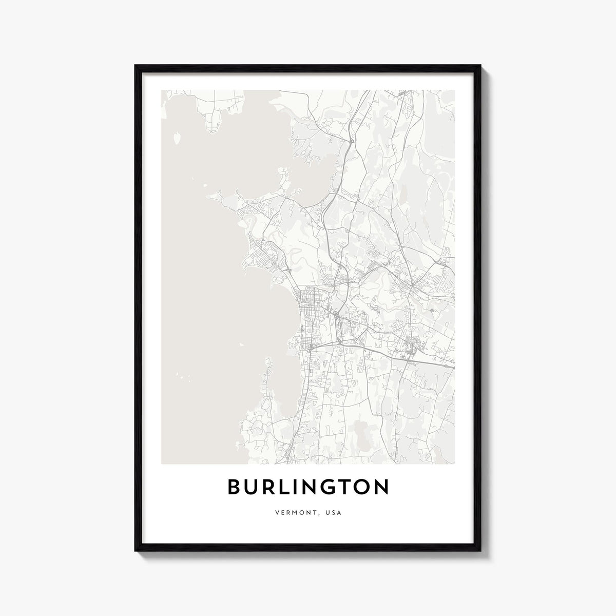 Burlington, Vermont black & white map poster of Vermont, USA – vertical wall art, unframed print shown in interior mockup