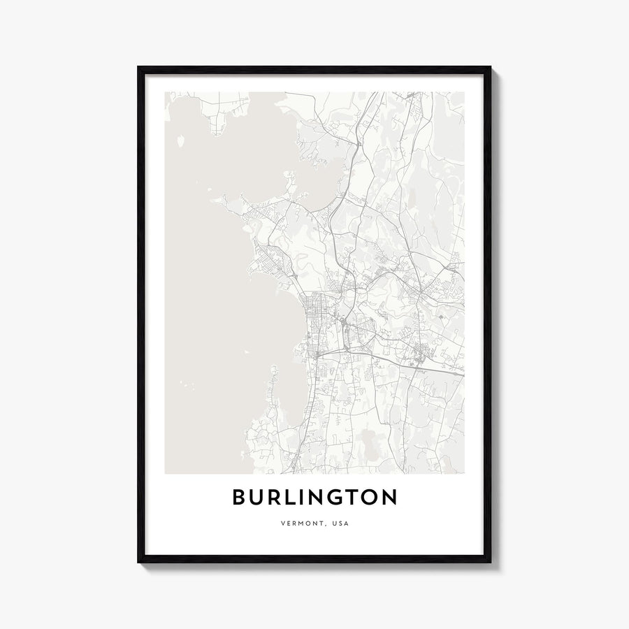 Burlington, Vermont black & white map poster of Vermont, USA – vertical wall art, unframed print shown in interior mockup