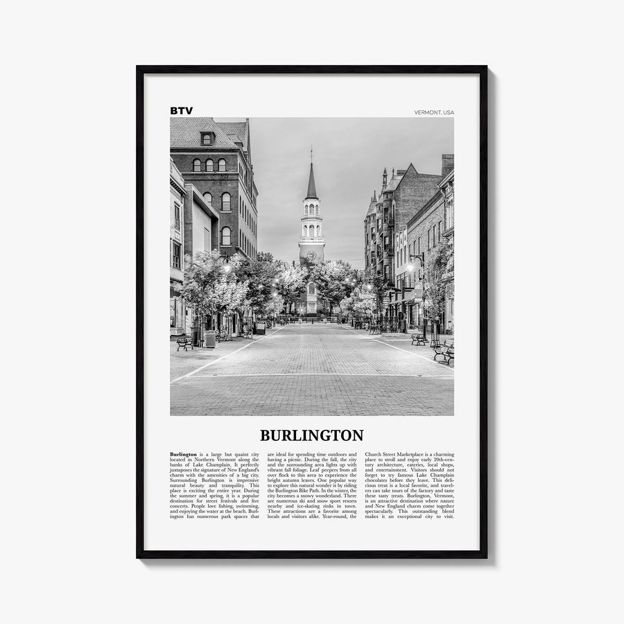 Burlington, Vermont black & white newspaper poster of Vermont, USA – vertical wall art, unframed print shown in interior mock