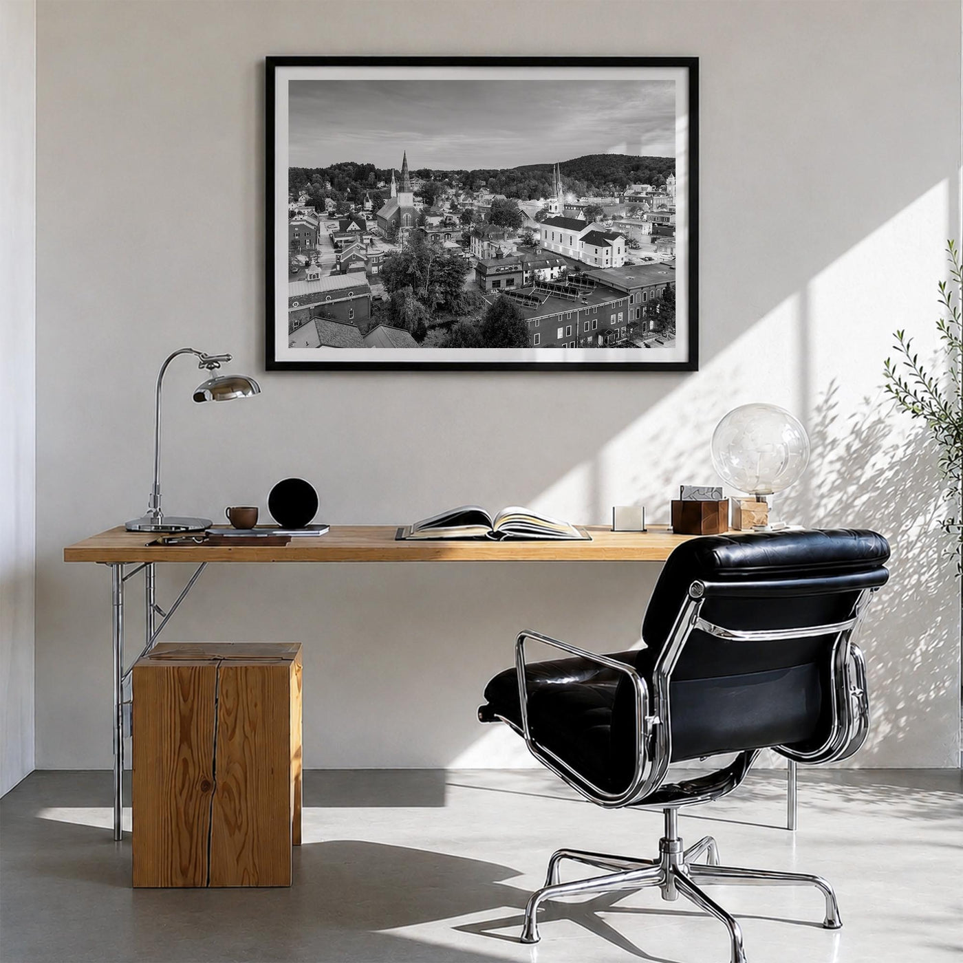 Burlington, Vermont black & white photo poster of Vermont, USA – horizontal wall art in black wood frame with white border, h