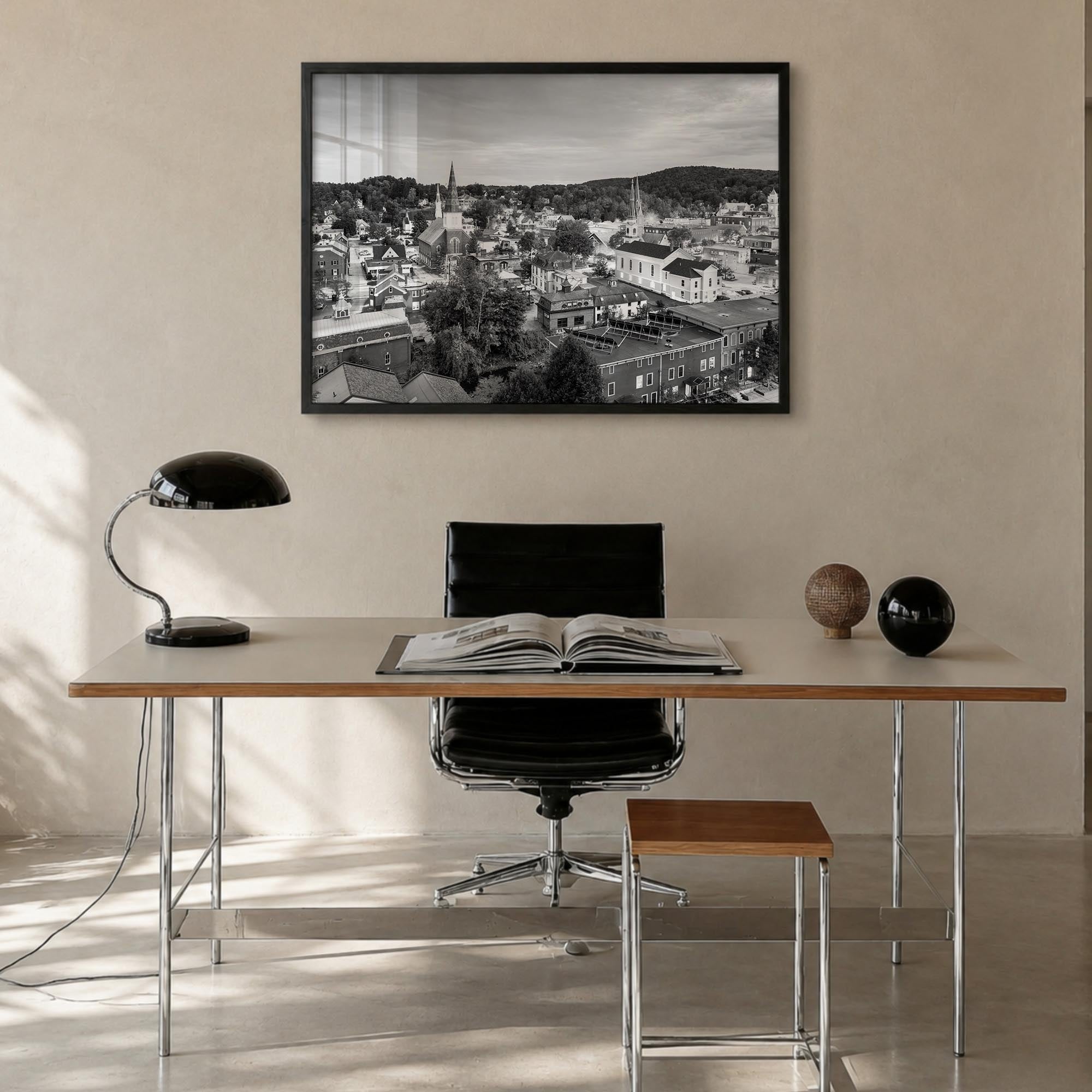 Burlington, Vermont black & white photo poster of Vermont, USA – horizontal wall art in black wood frame, hanging on wall