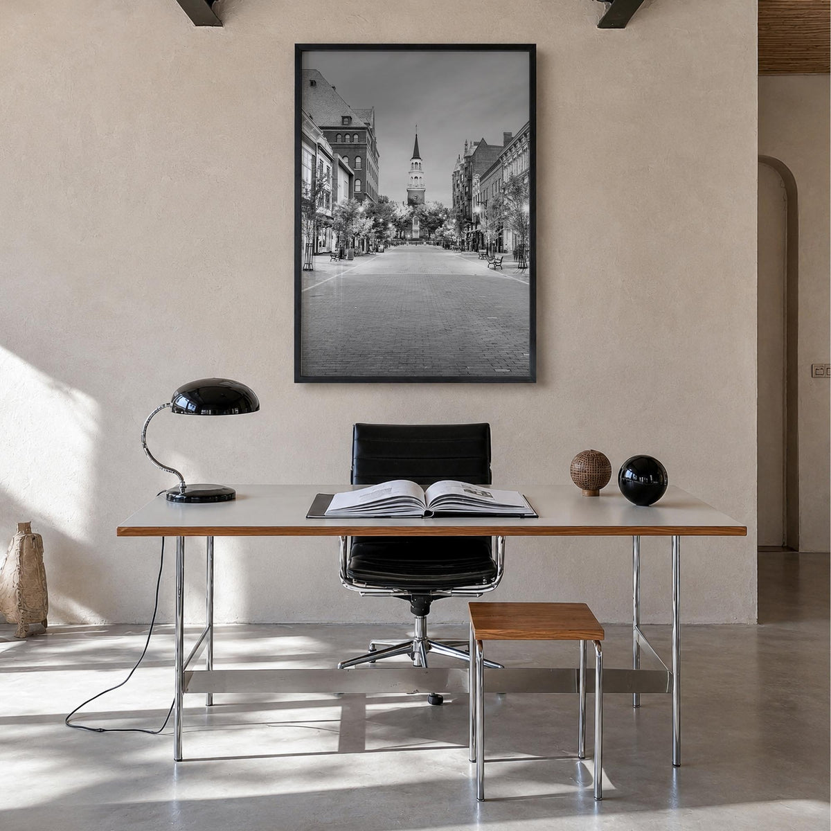 Burlington, Vermont black & white photo poster of Vermont, USA – vertical wall art in black wood frame, hanging on wall
