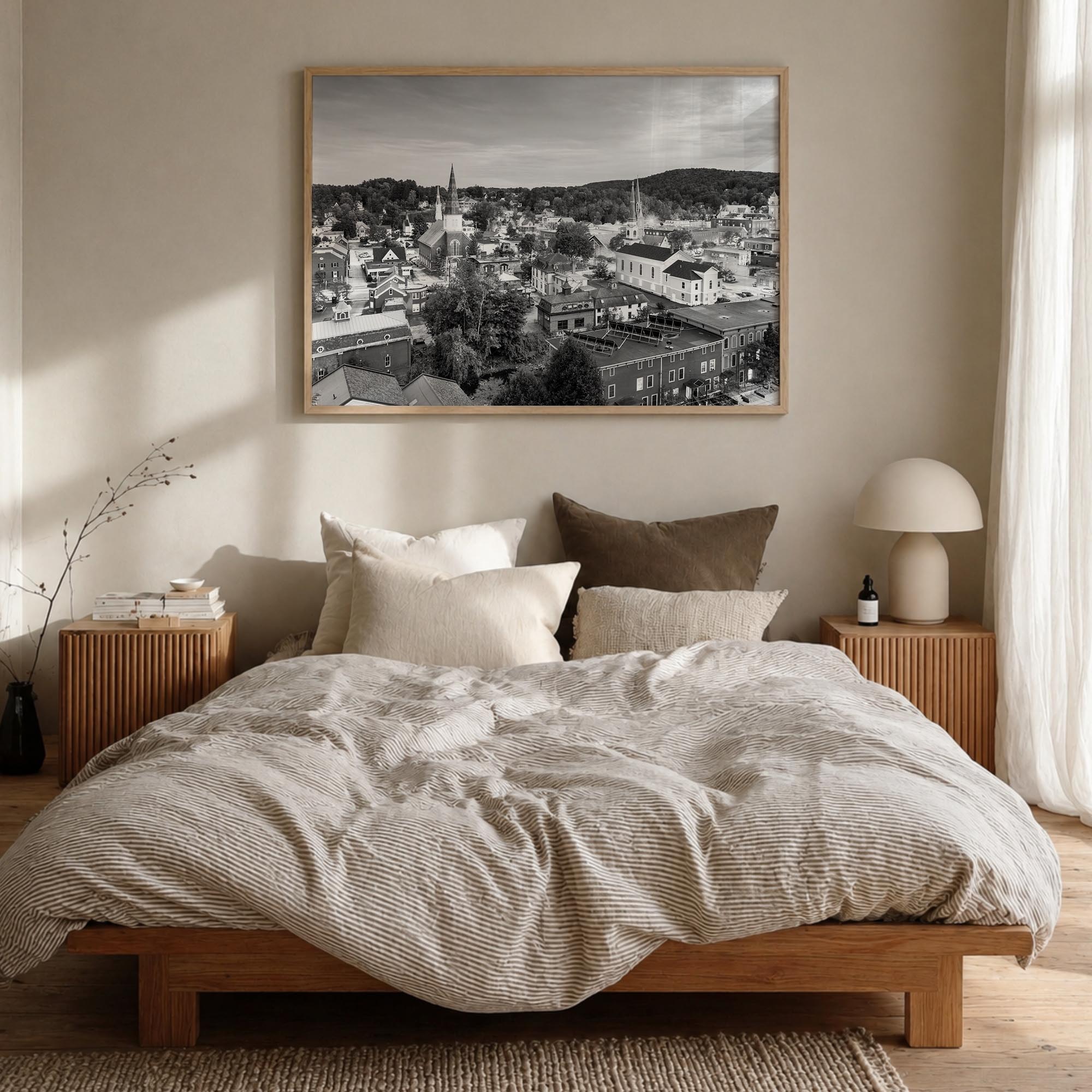 Burlington, Vermont black & white photo poster of Vermont, USA – horizontal wall art in natural wood frame, hanging on wall