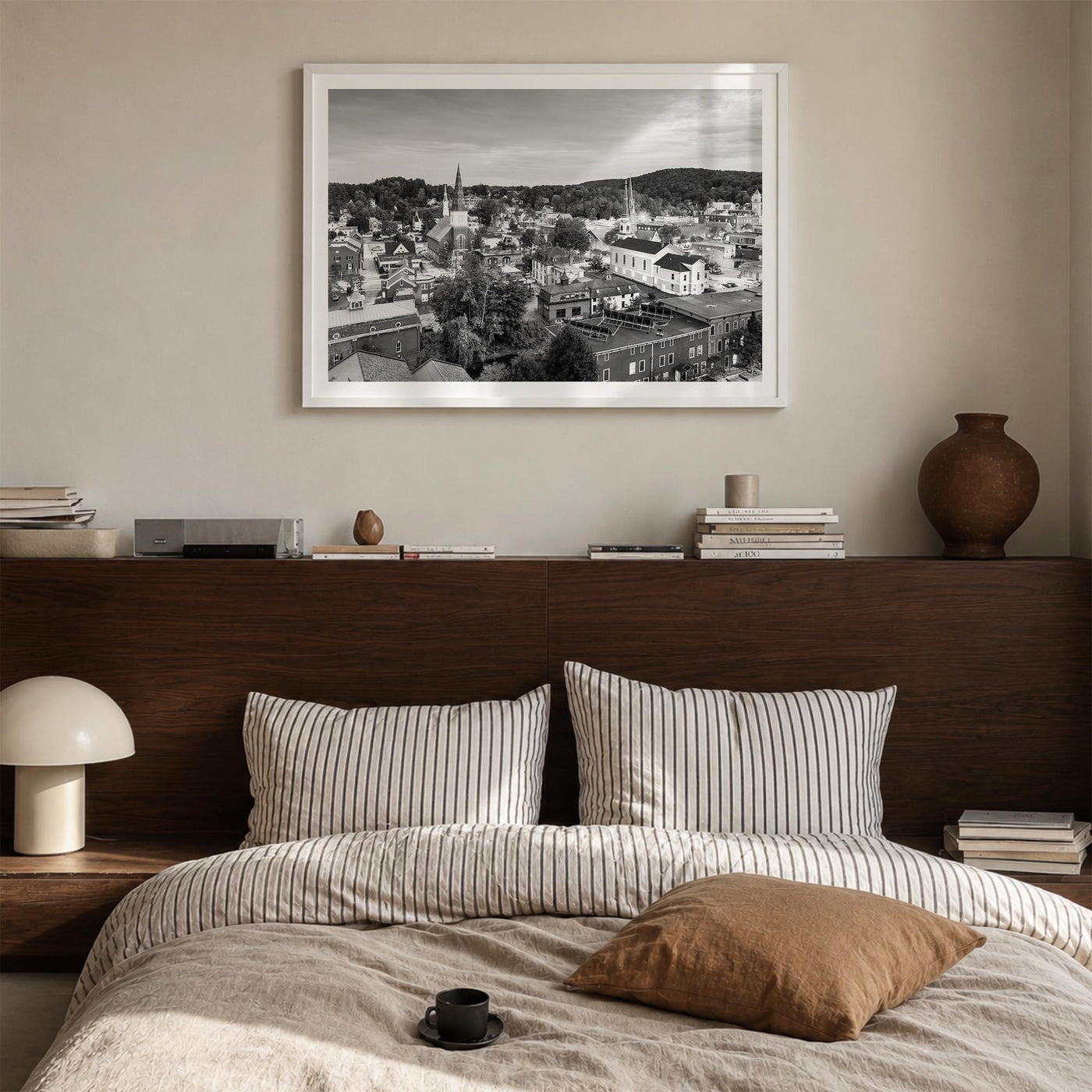 Burlington, Vermont black & white photo poster of Vermont, USA – horizontal wall art in white wood frame with white border, h