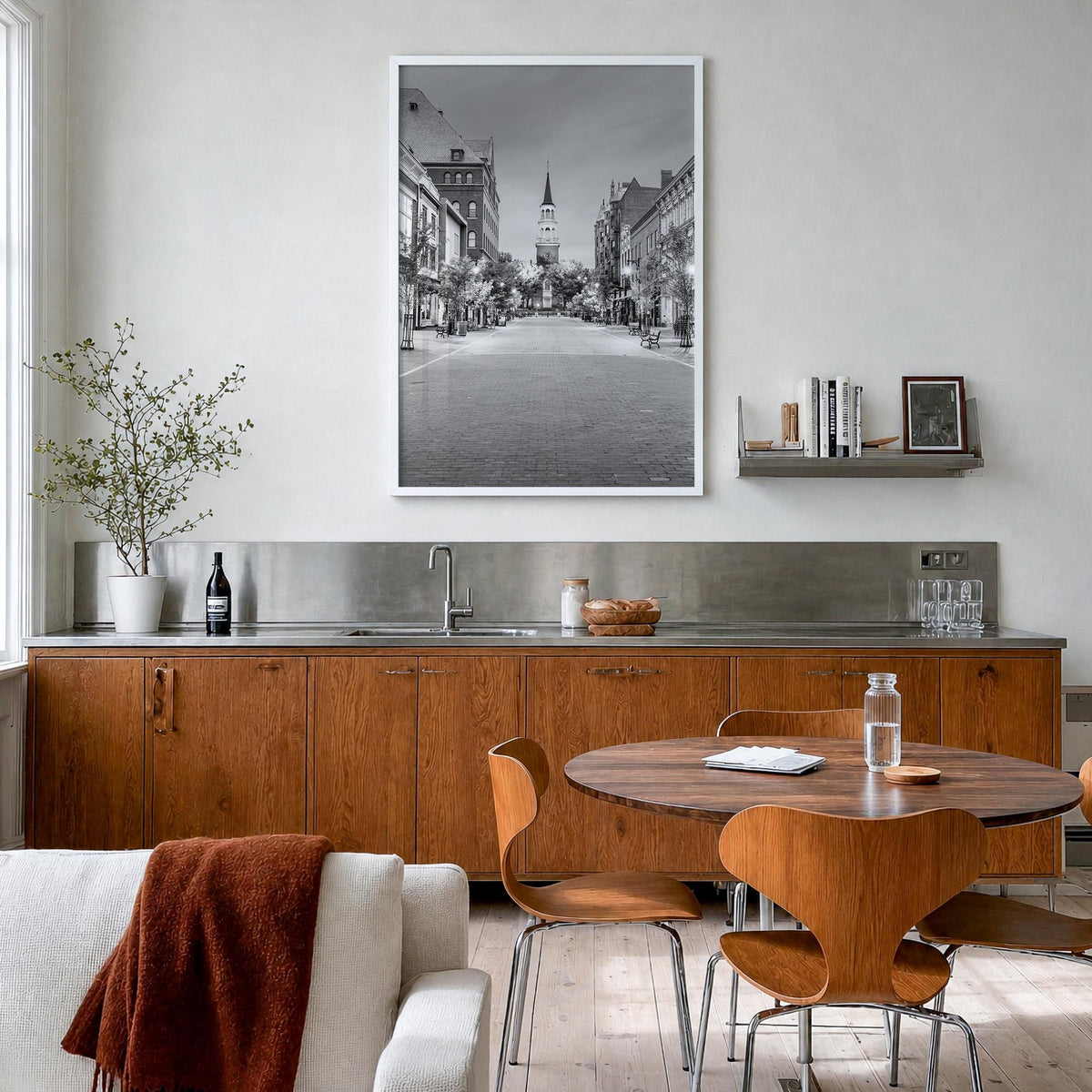 Burlington, Vermont black & white photo poster of Vermont, USA – vertical wall art in white wood frame, hanging on wall