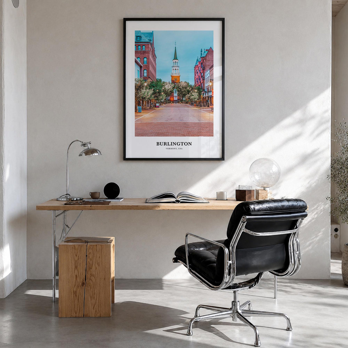 Burlington, Vermont colorful classic poster of Vermont, USA – vertical wall art in black wood frame, hanging on wall