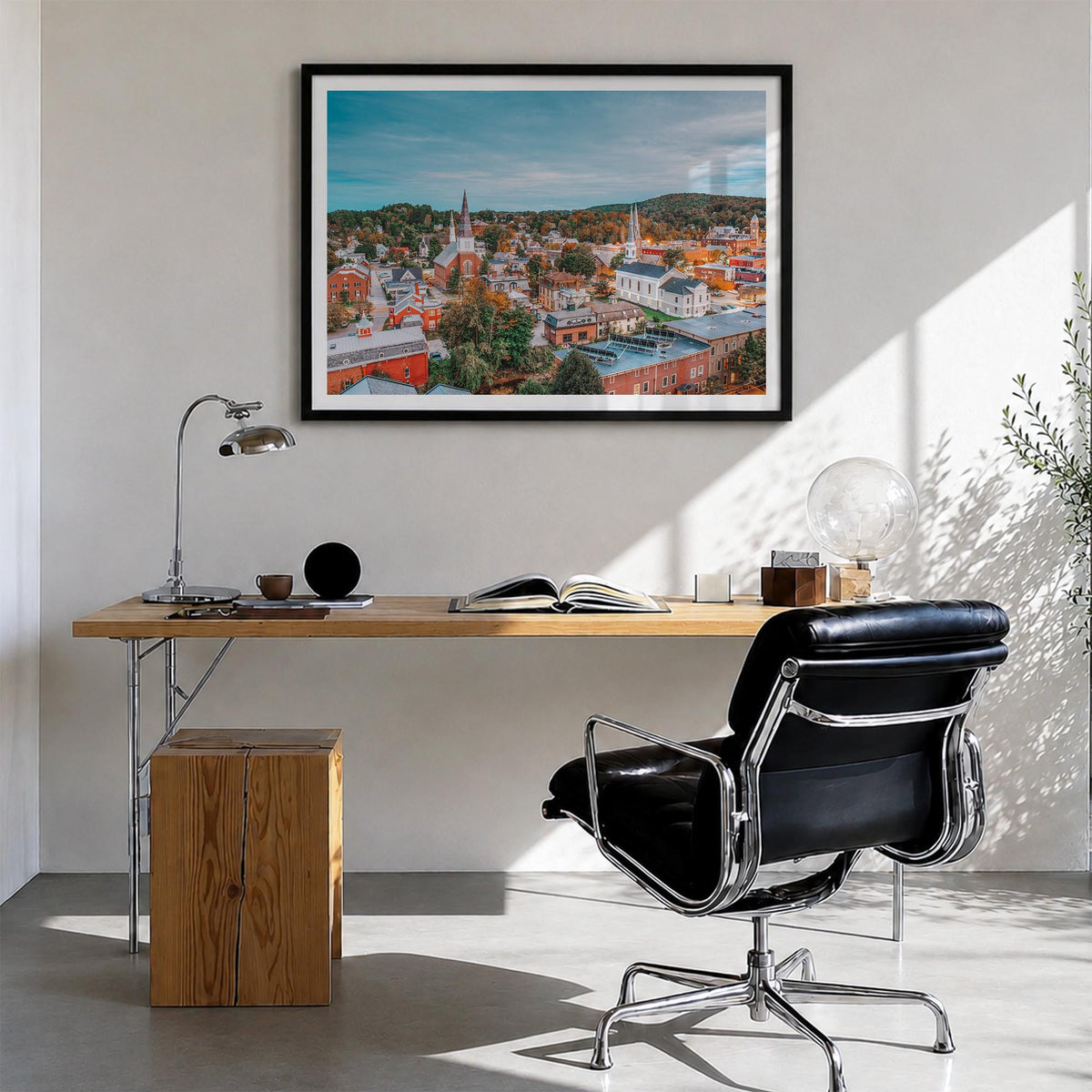 Burlington, Vermont colorful photo poster of Vermont, USA – horizontal wall art in black wood frame with white border, hangin