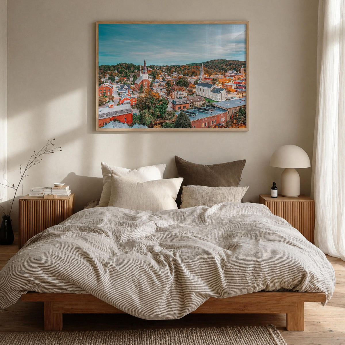 Burlington, Vermont colorful photo poster of Vermont, USA – horizontal wall art in natural wood frame, hanging on wall
